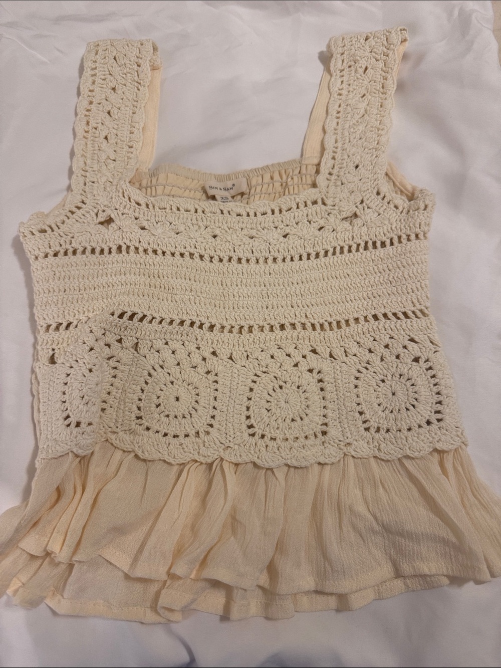 Light Cream Crochet-Panel Layered Chiffon Camisole